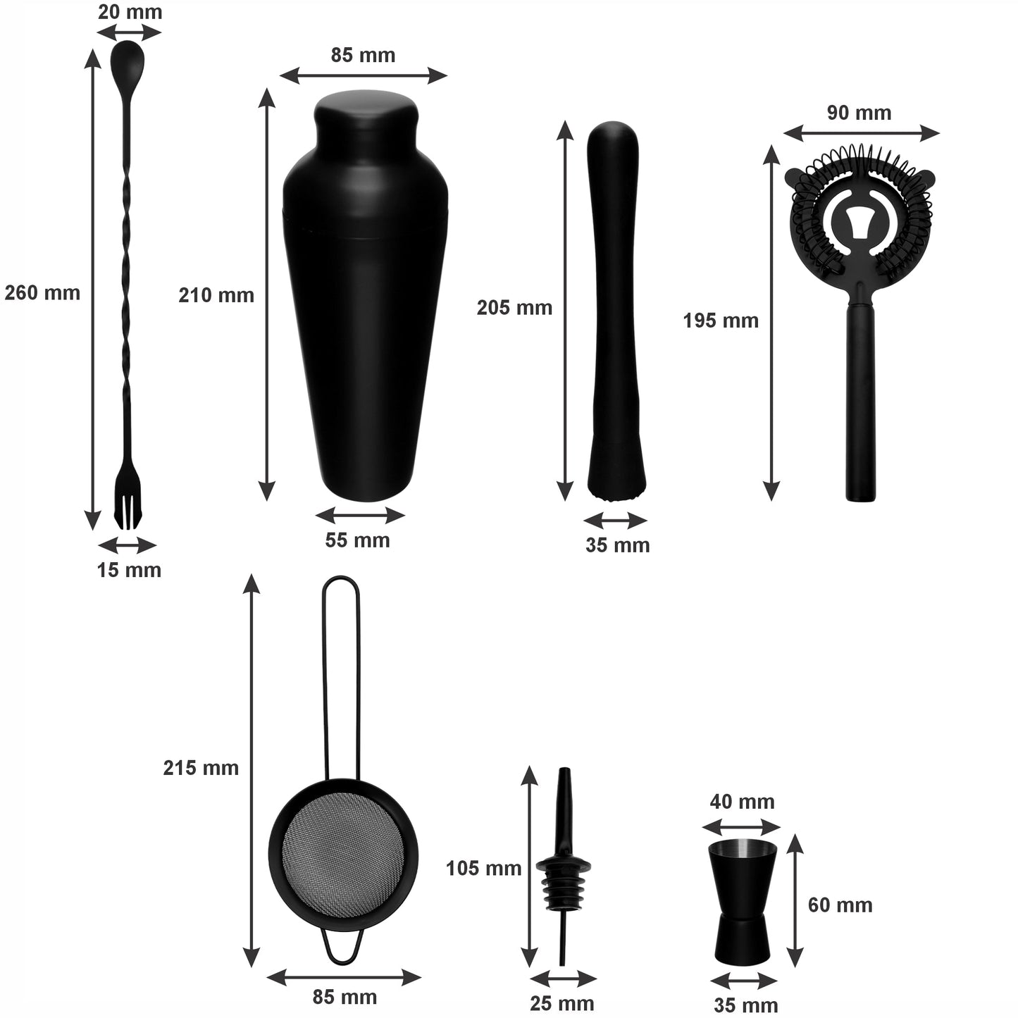 BAR BUTLER COCKTAIL BAR SHAKER 8 PIECE SET ST STEEL MATTE BLACK, 600ML