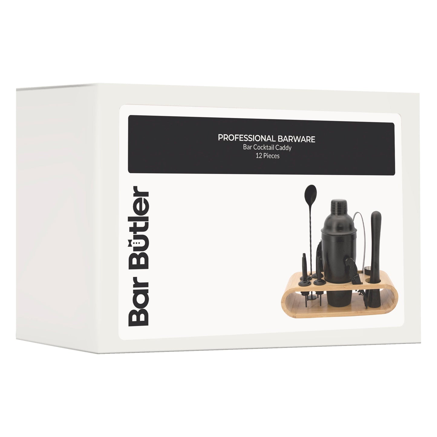 BAR BUTLER COCKTAIL BAR SET, 12 PIECES ST STEEL MATTE BLACK ON A BAMBOO CADDY