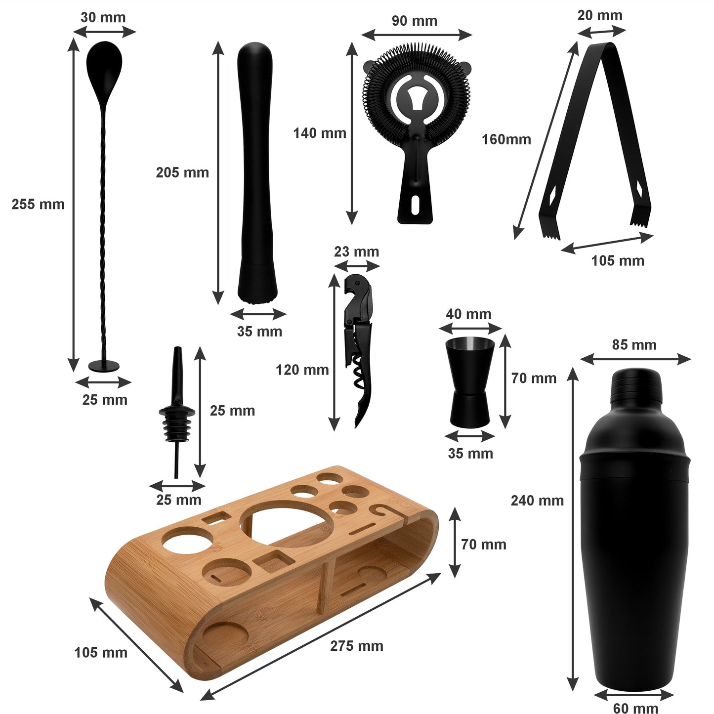 BAR BUTLER COCKTAIL BAR SET, 12 PIECES ST STEEL MATTE BLACK ON A BAMBOO CADDY