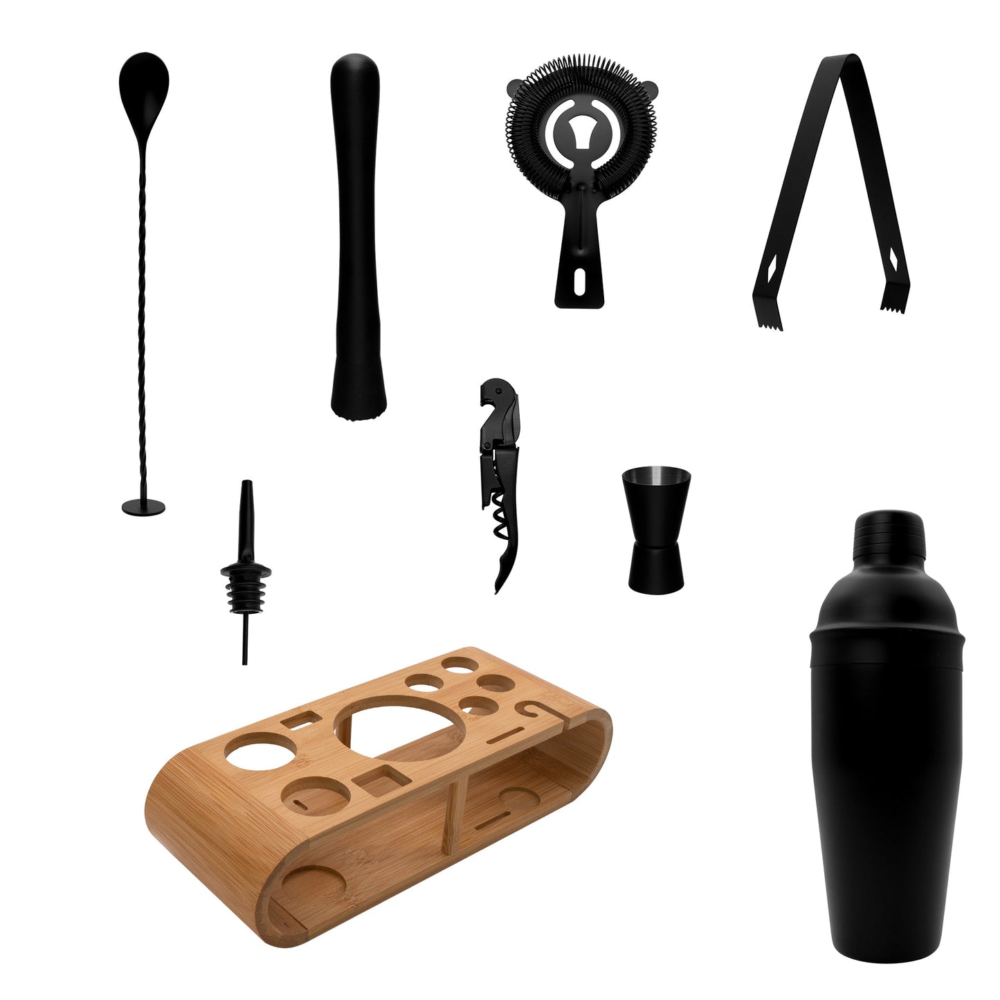 BAR BUTLER COCKTAIL BAR SET, 12 PIECES ST STEEL MATTE BLACK ON A BAMBOO CADDY