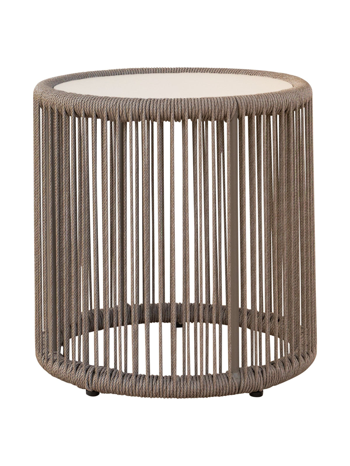 Round woven side table with a white top