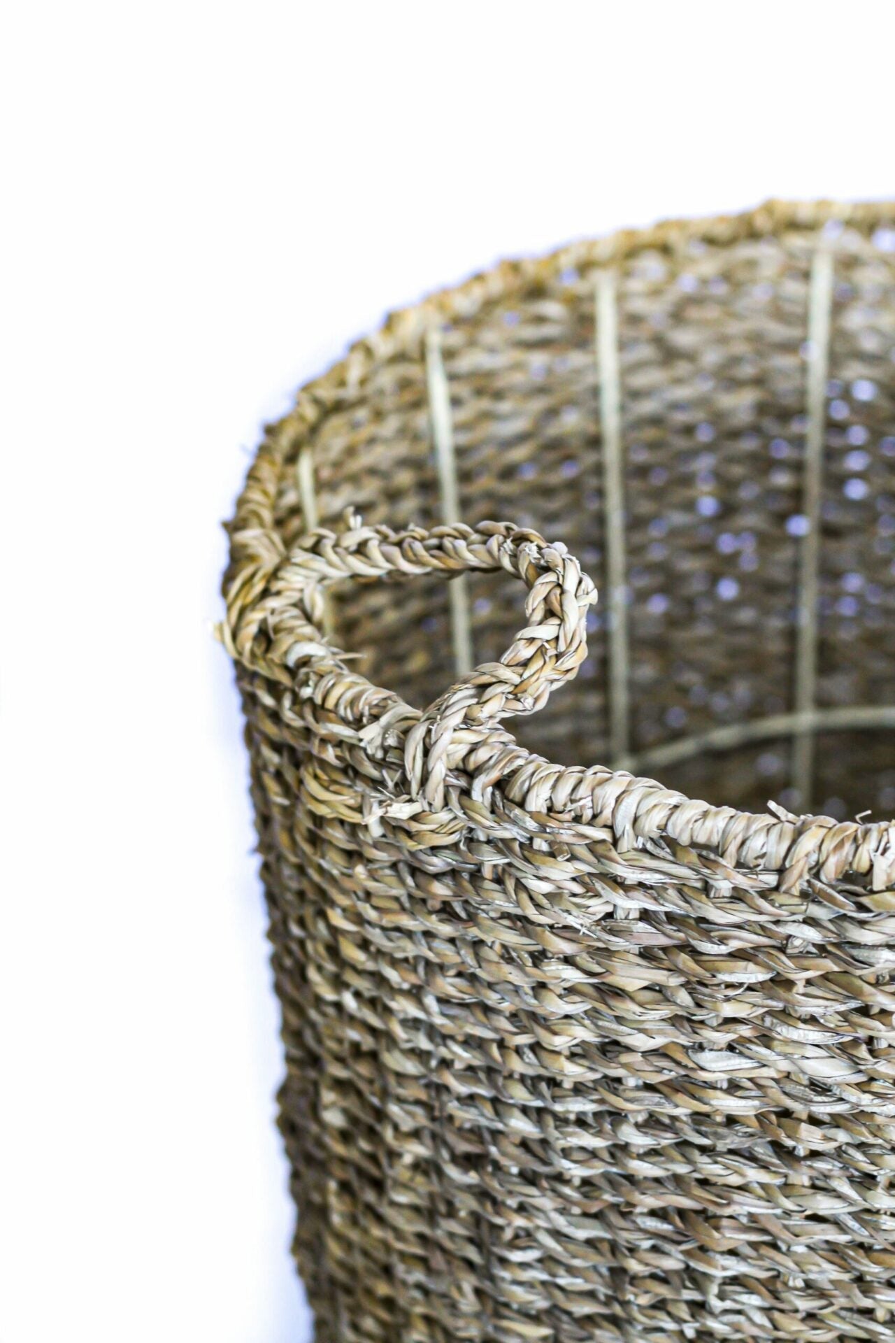 Large Seagrass Round Cylinder Basket With Top Handles and Metal Inner