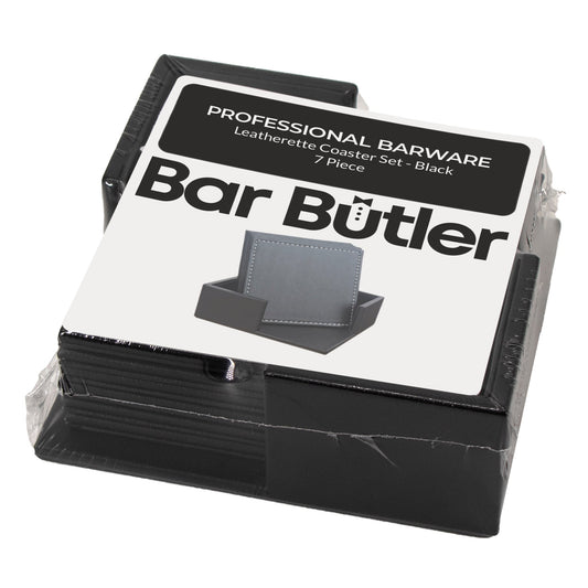 BAR BUTLER SQUARE LEATHERETTE COASTERS IN HOLDER 7 PIECE SET