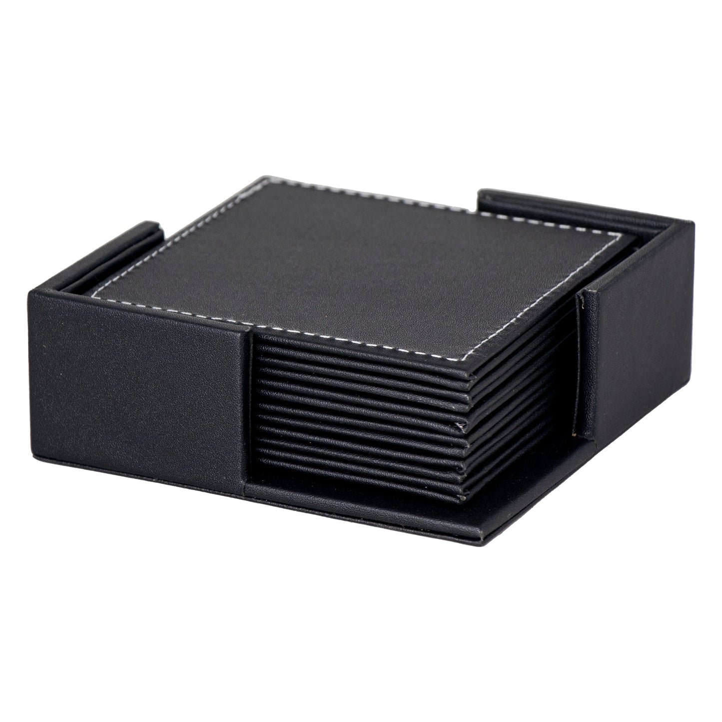 BAR BUTLER SQUARE LEATHERETTE COASTERS IN HOLDER 7 PIECE SET