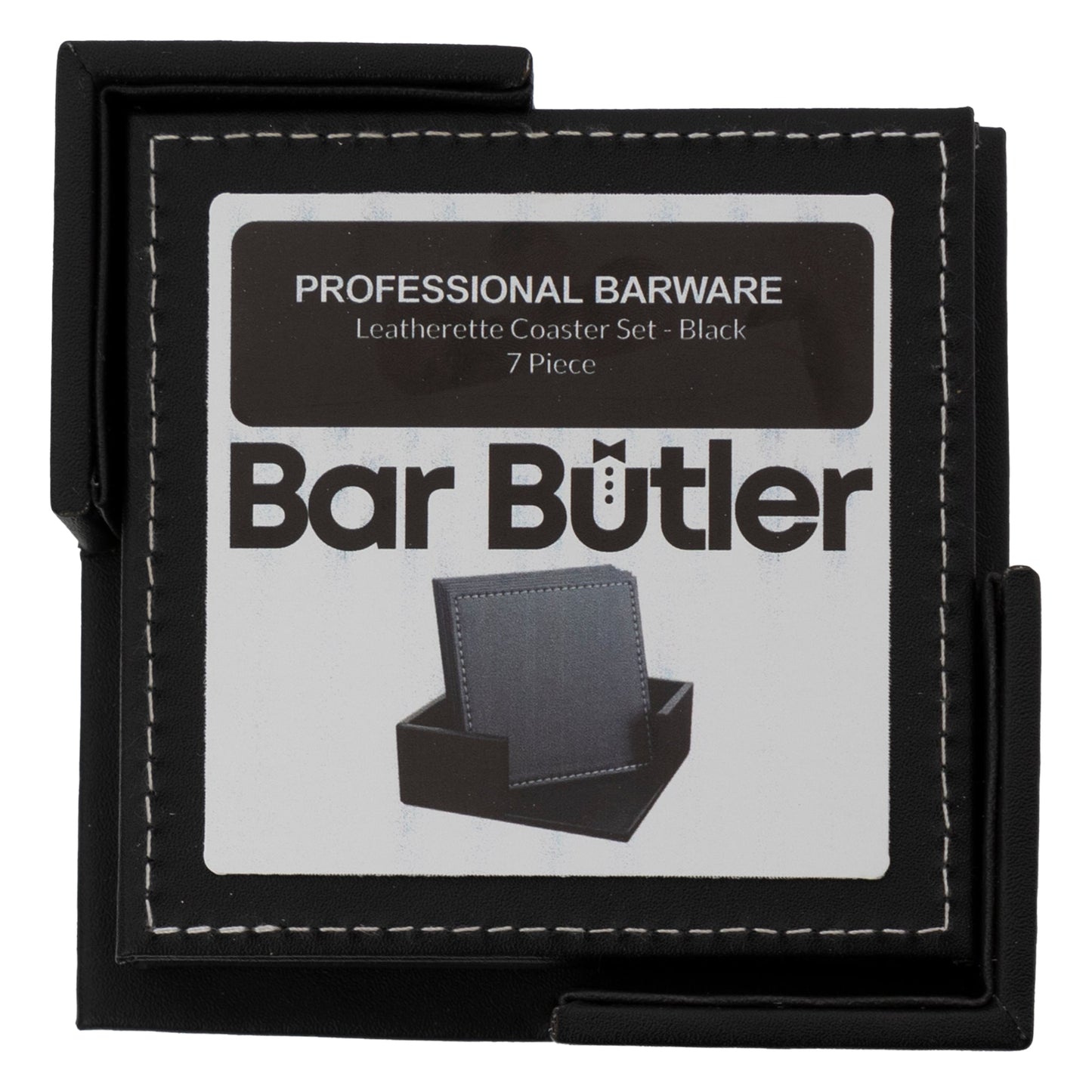 BAR BUTLER SQUARE LEATHERETTE COASTERS IN HOLDER 7 PIECE SET