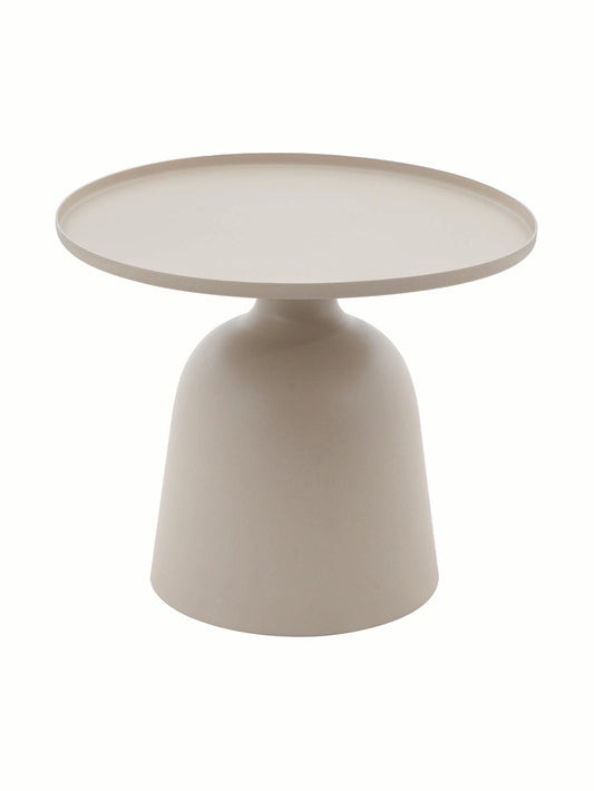White side table with a round top and cylindrical base
