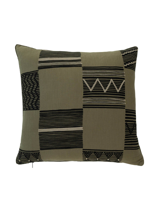Dark green scatter cushion with black embroidered detail