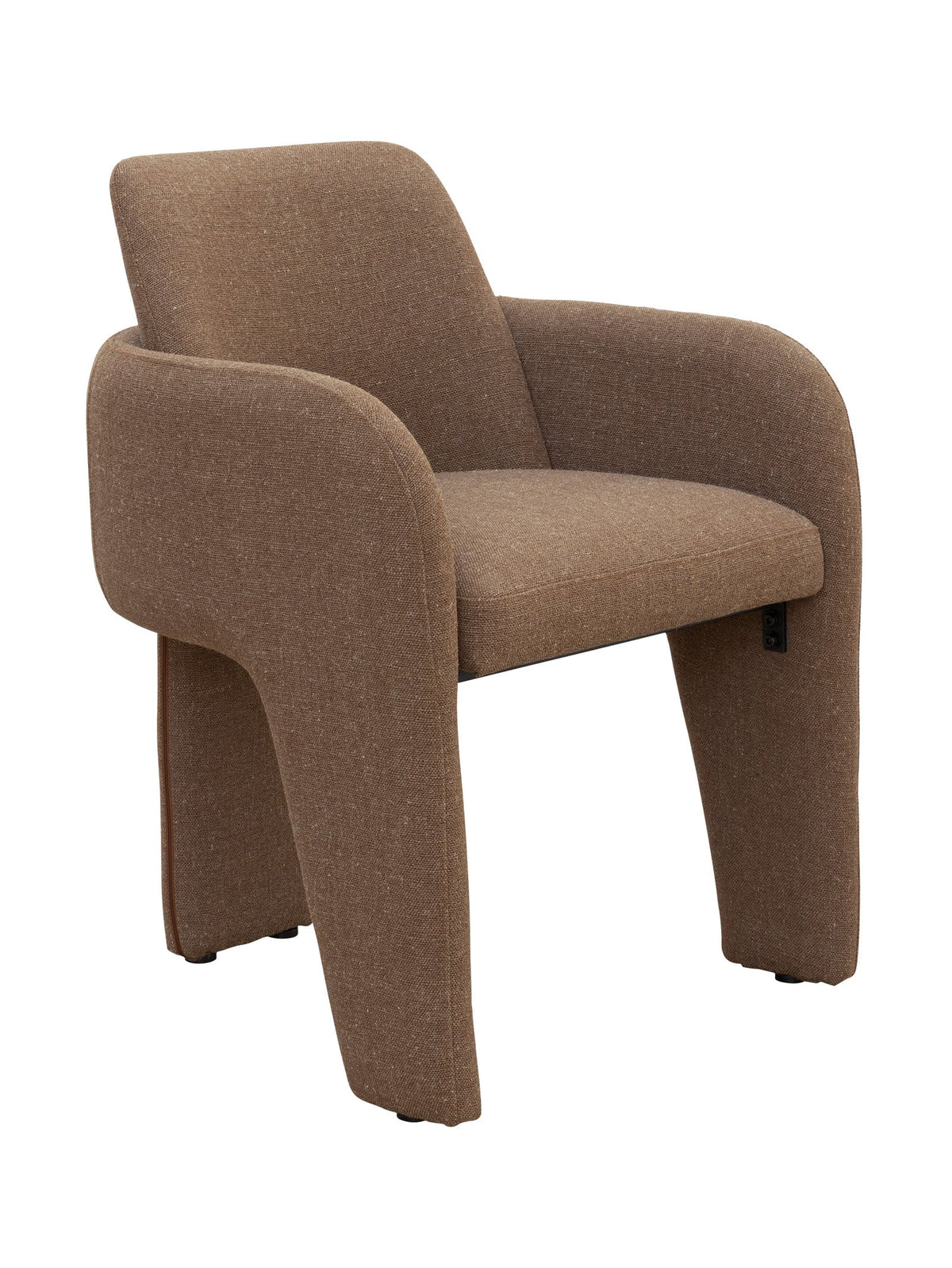 Rust orange upholstered dining chair with 3 legs and textured armrests