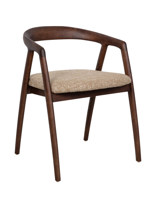 Beatrice Dining Chair in Toffee with a dark ash wood curved frame and textured oatmeal fabric seat