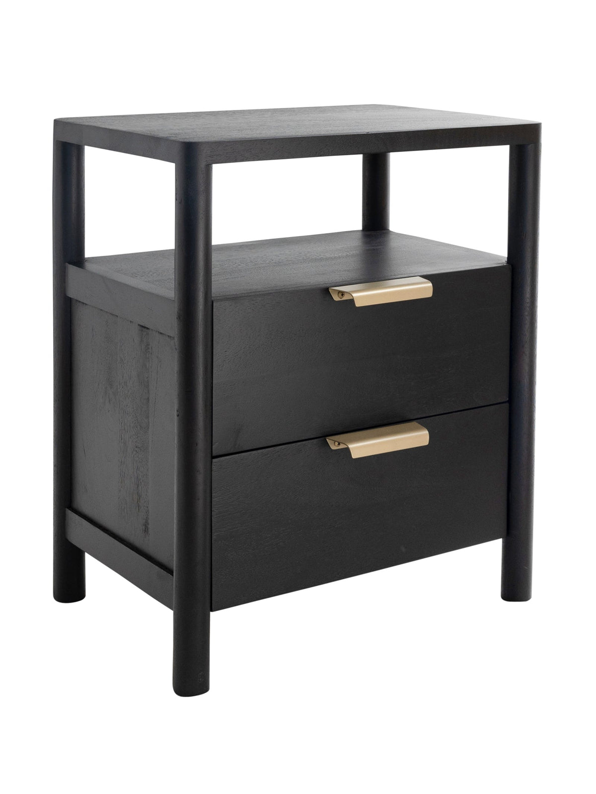 Black wooden nightstand with 2 drawers and brass handles