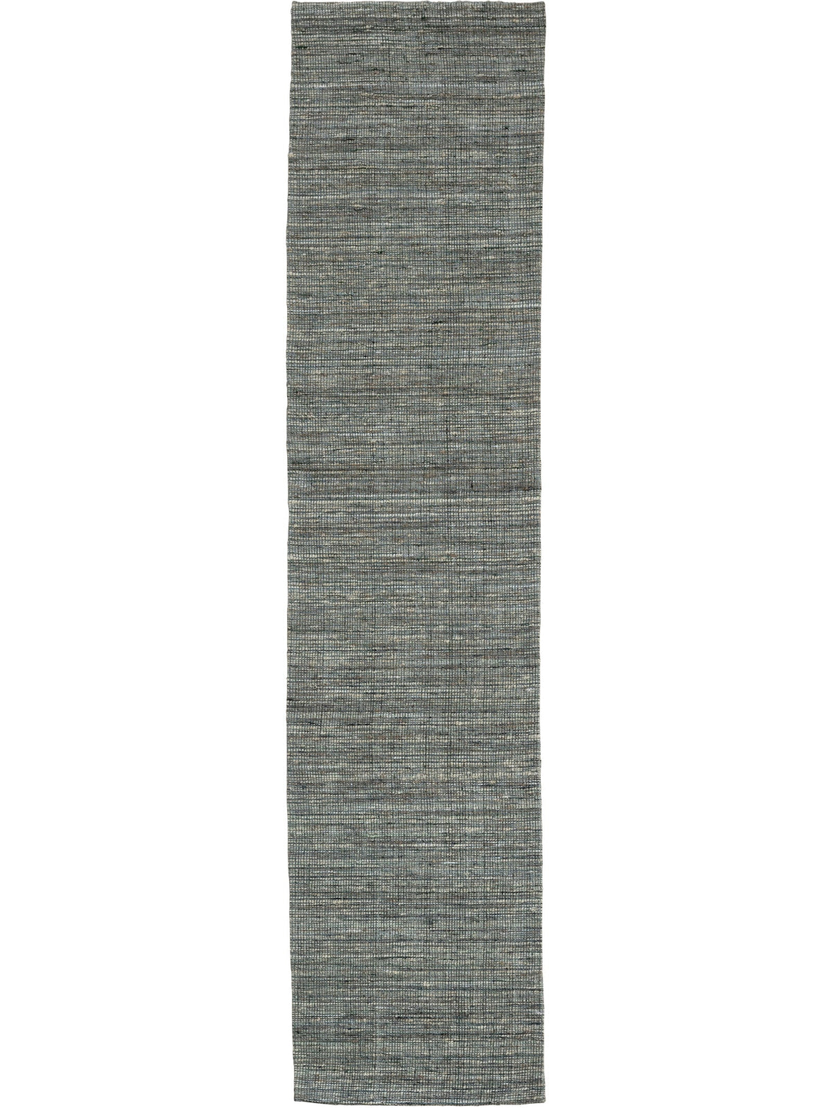 A Runner rug with a striped pattern in varying shades of gray and green, rectangular in shape.