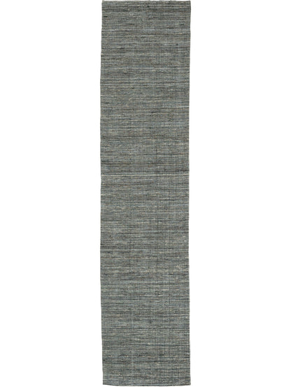 A Runner rug with a striped pattern in varying shades of gray and green, rectangular in shape.