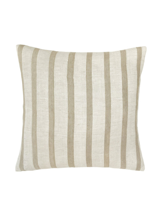 Shoreline Scatter in Driftwood, square natural white cushion with vertical taupe stripes