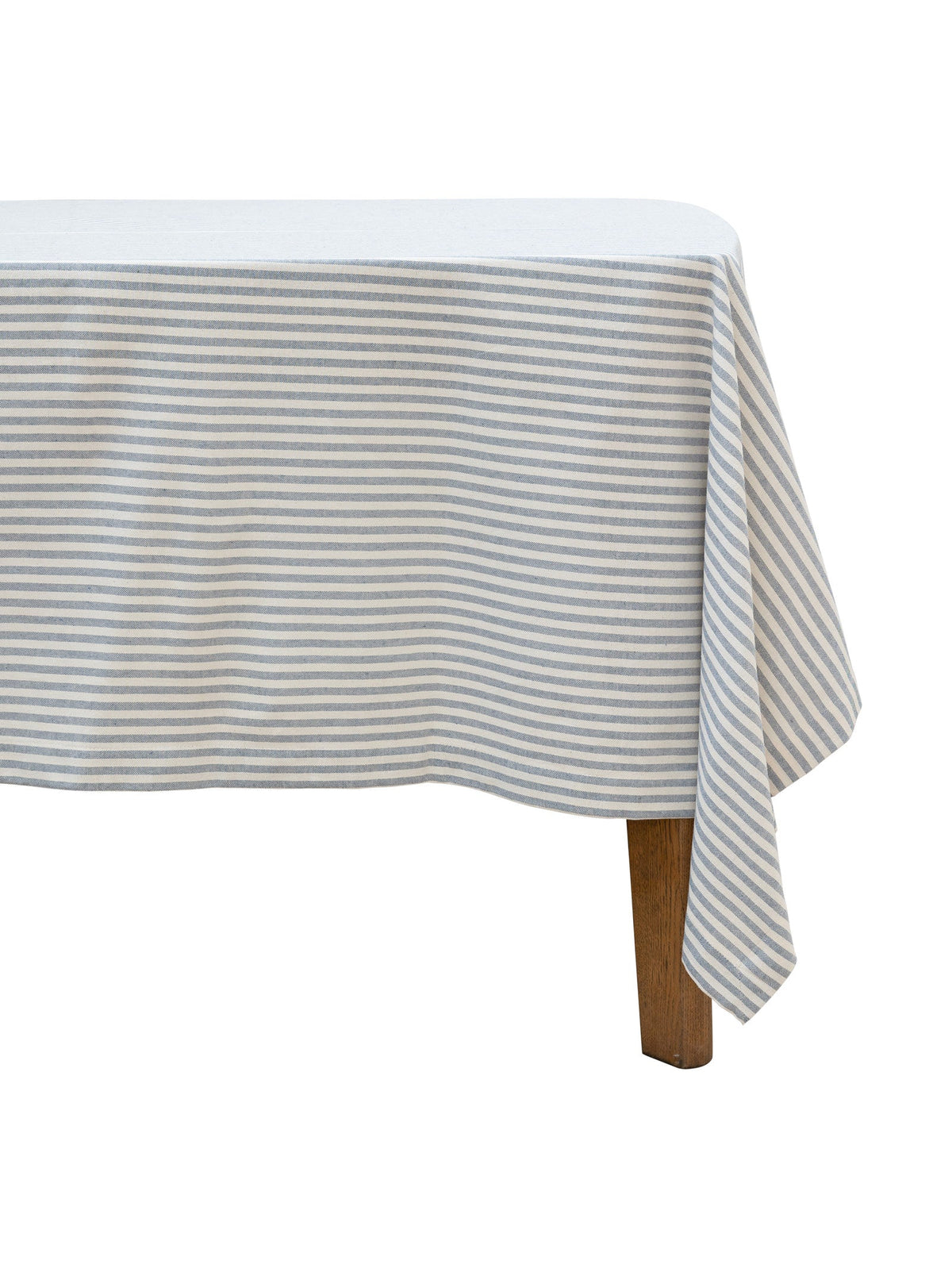 Light blue striped tablecloth on a round table 