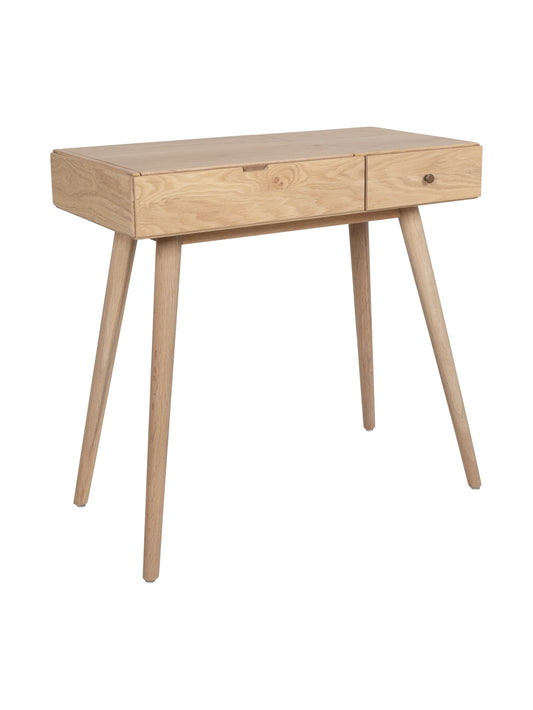 Coba Oak Vanity Console in natural oak with flip-top lid, side drawer and splayed legs