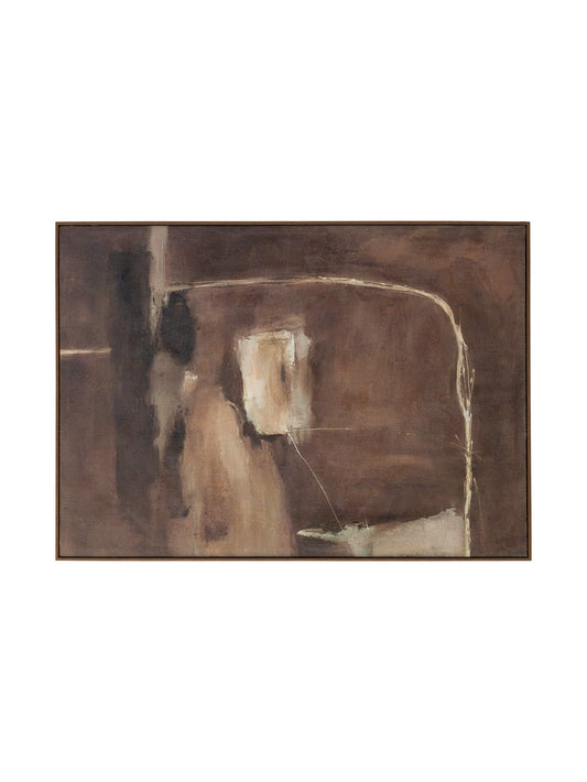 Contour Curve Wall Art in Woodtones, framed brown abstract with a fine curved line and cream blocks