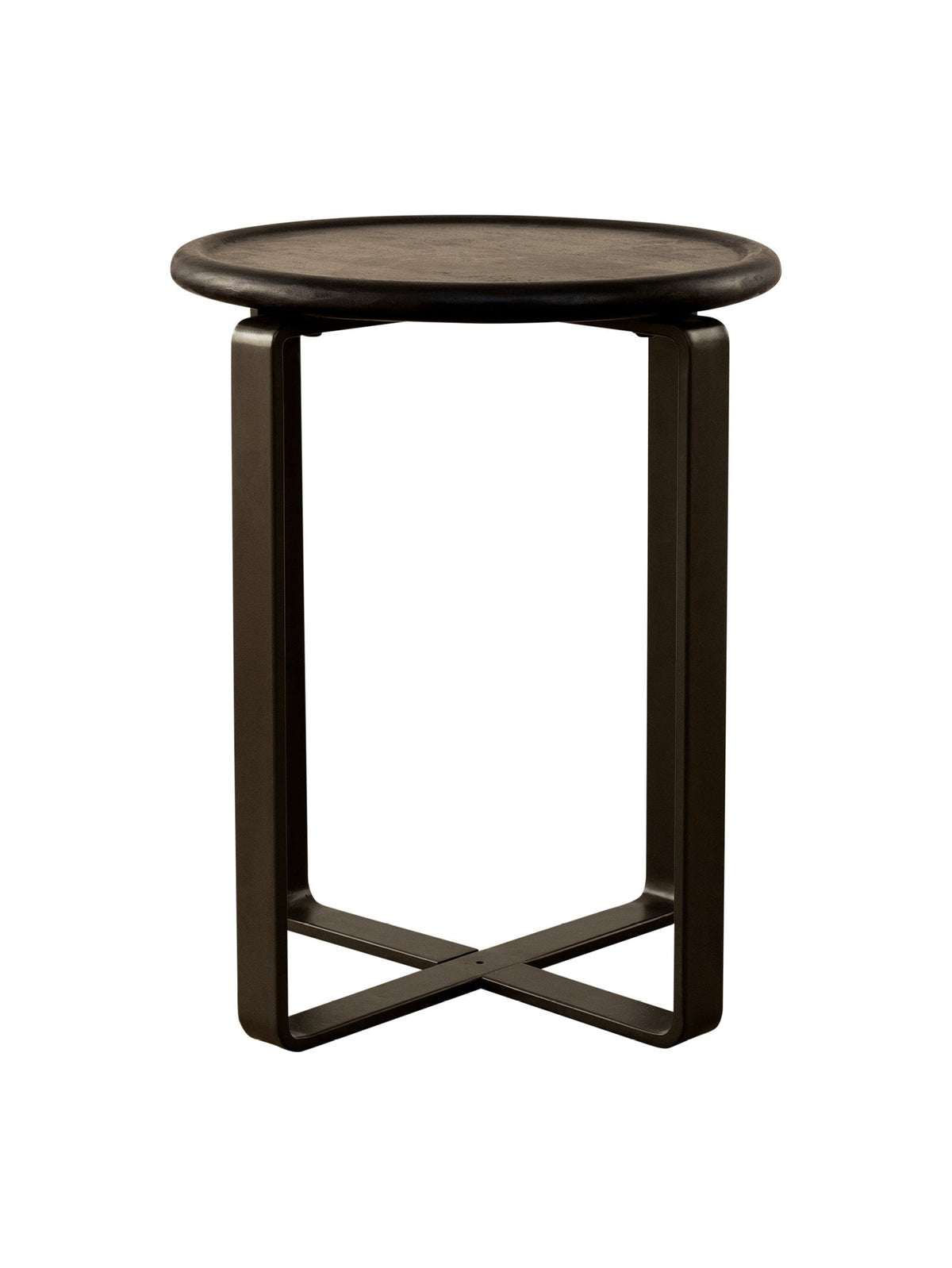 Wooden side table with black crossed metal legs
