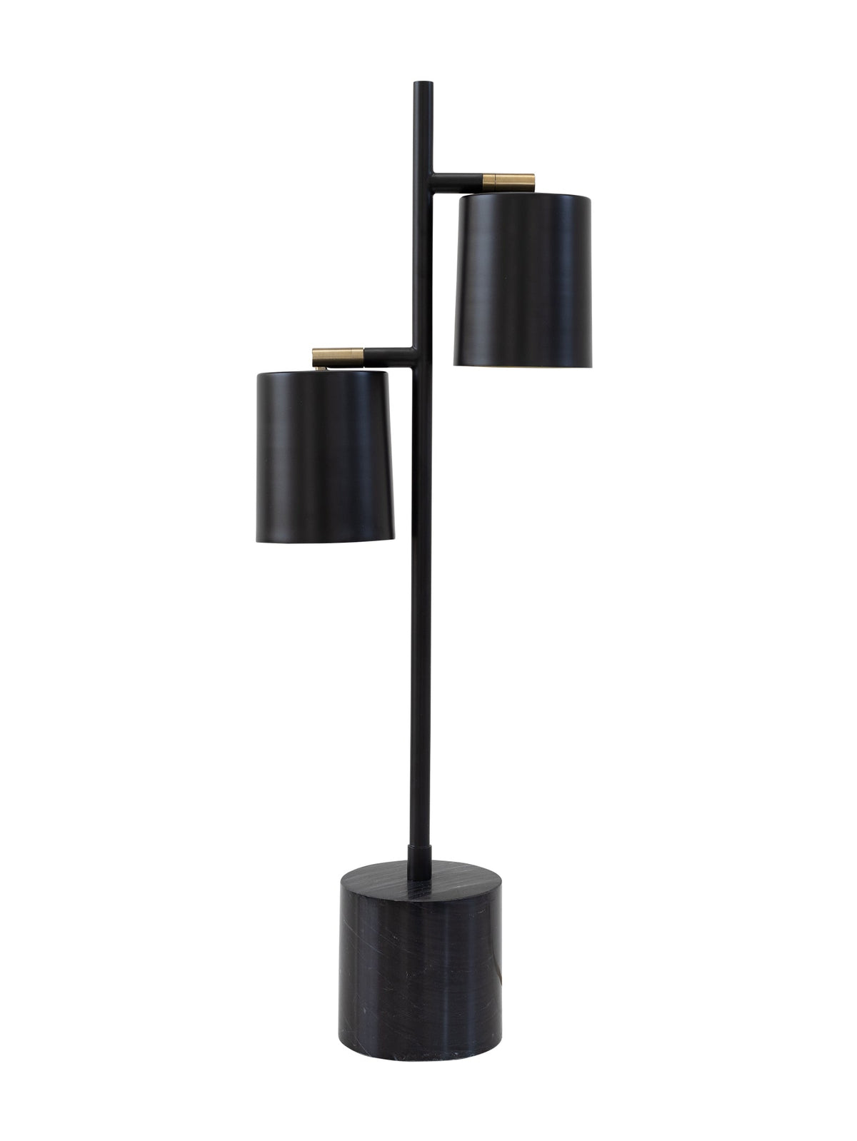 A black bedside lamp with a marble base and iron structure, featuring two cylindrical shades.
