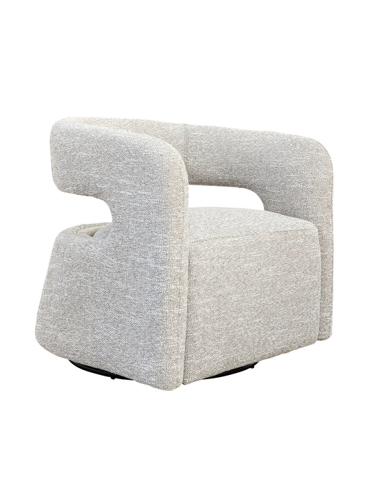 A white upholstered swivel chair with a sturdy wood frame and a steel swivel mechanism.