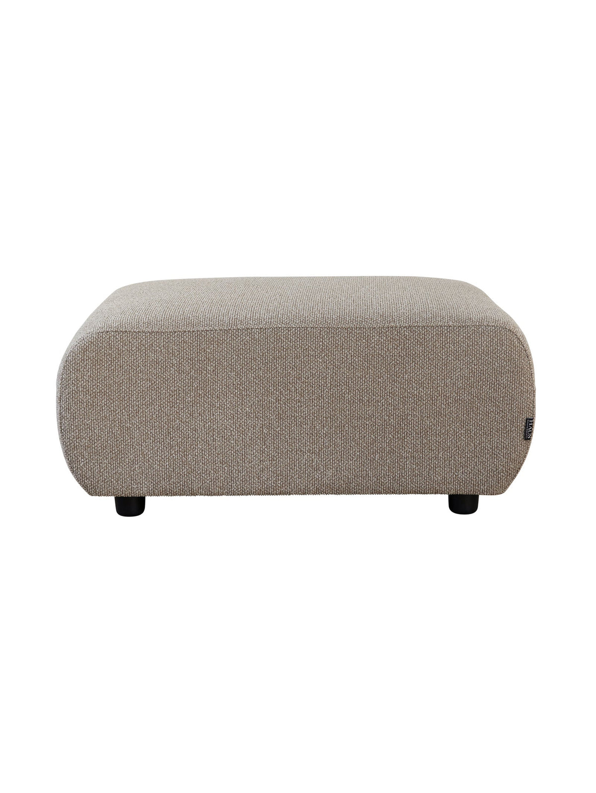 A rectangular gray ottoman with rounded corners and a wooden frame, upholstered in Hertex Pascal fabric.