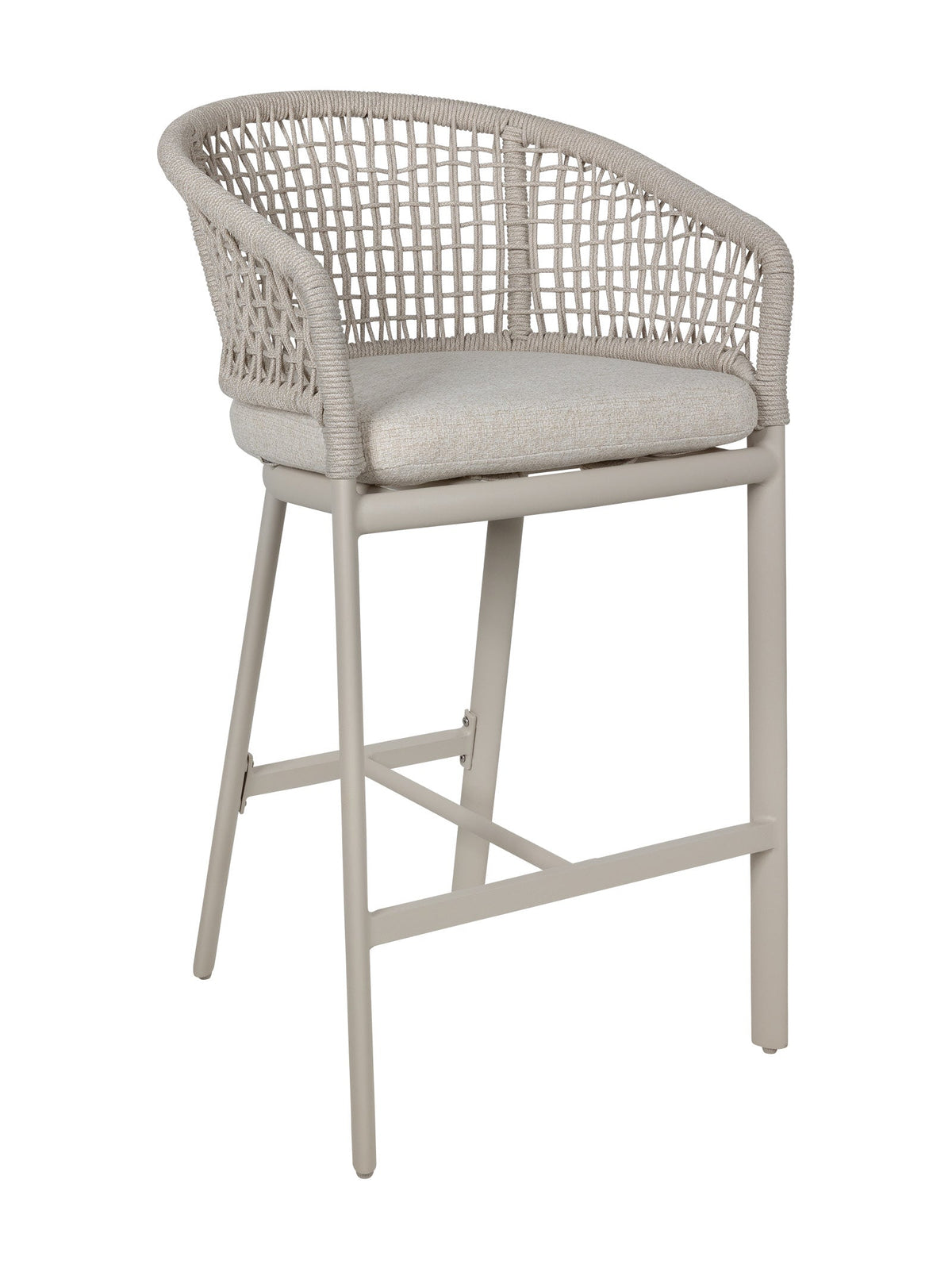 A modern counter height bar stool with a light beige woven rope backrest and a matching cushioned seat, supported by a slim light gray metal frame.