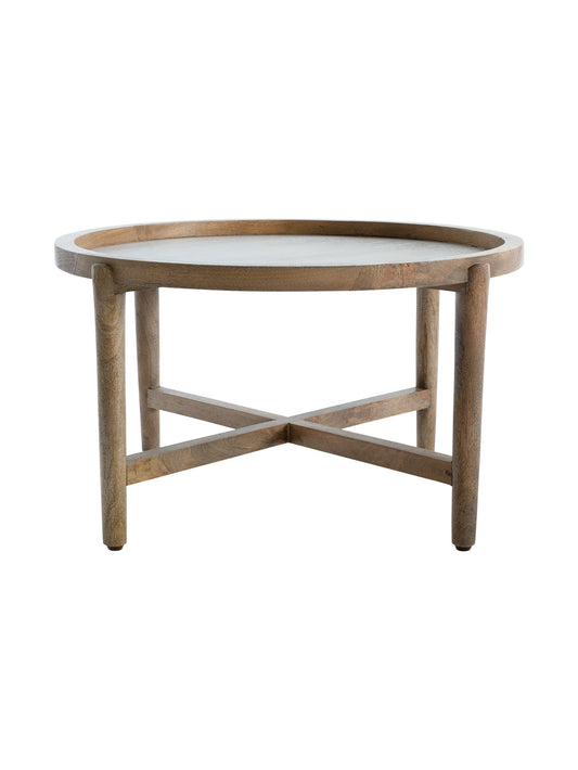 Round wooden coffee table with a white marble top 