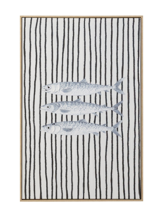 Fish Tale Wall Art in Shimmer, framed artwork of three silver fish on black and white stripes