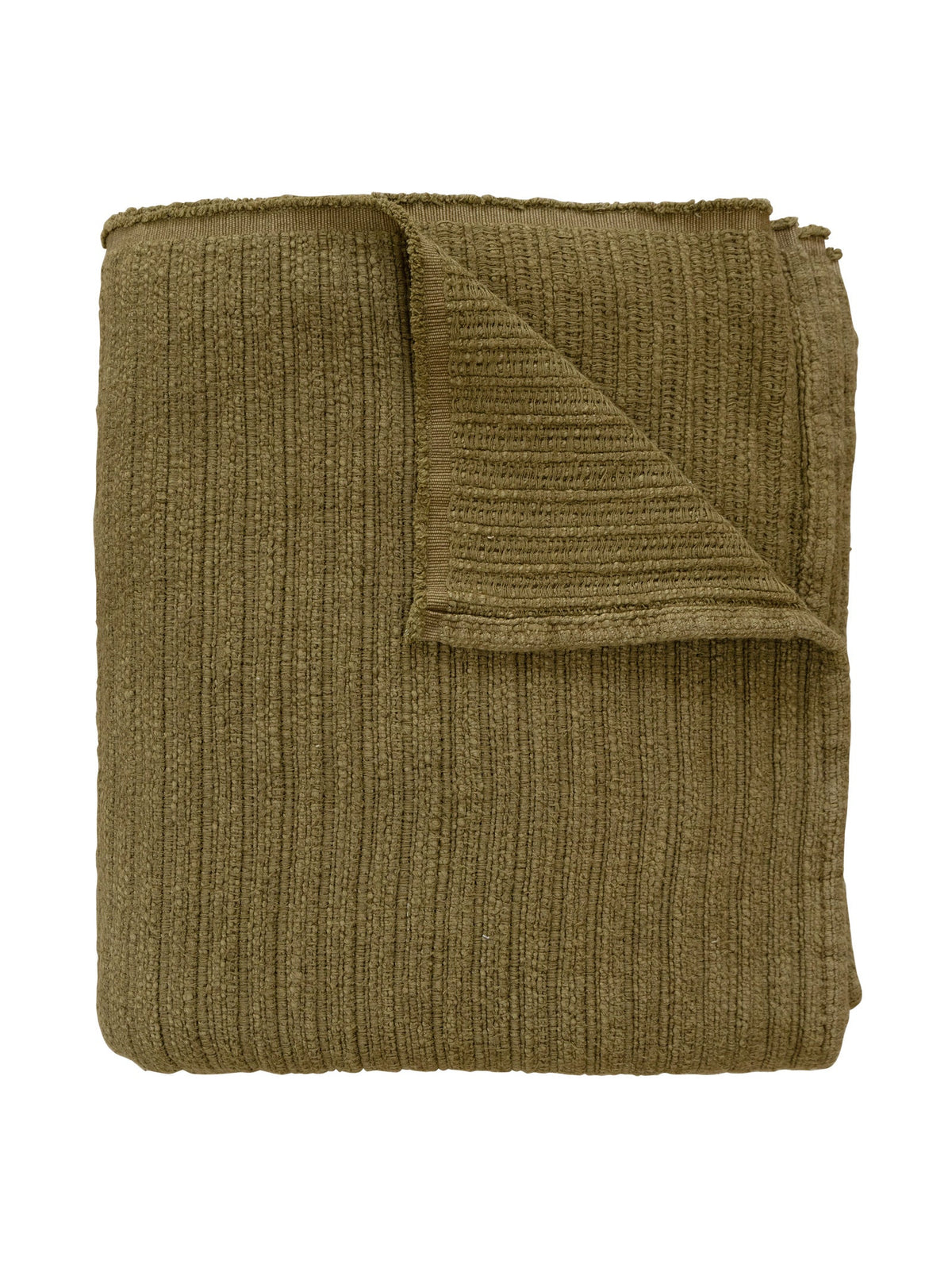 Folded olive green knitted ribbed throw blanket
