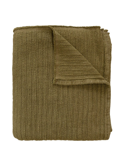 Folded olive green knitted ribbed throw blanket