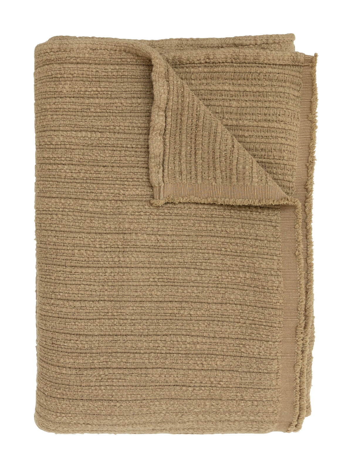 A folded mustard yellow textured throw blanket with a ribbed knit pattern