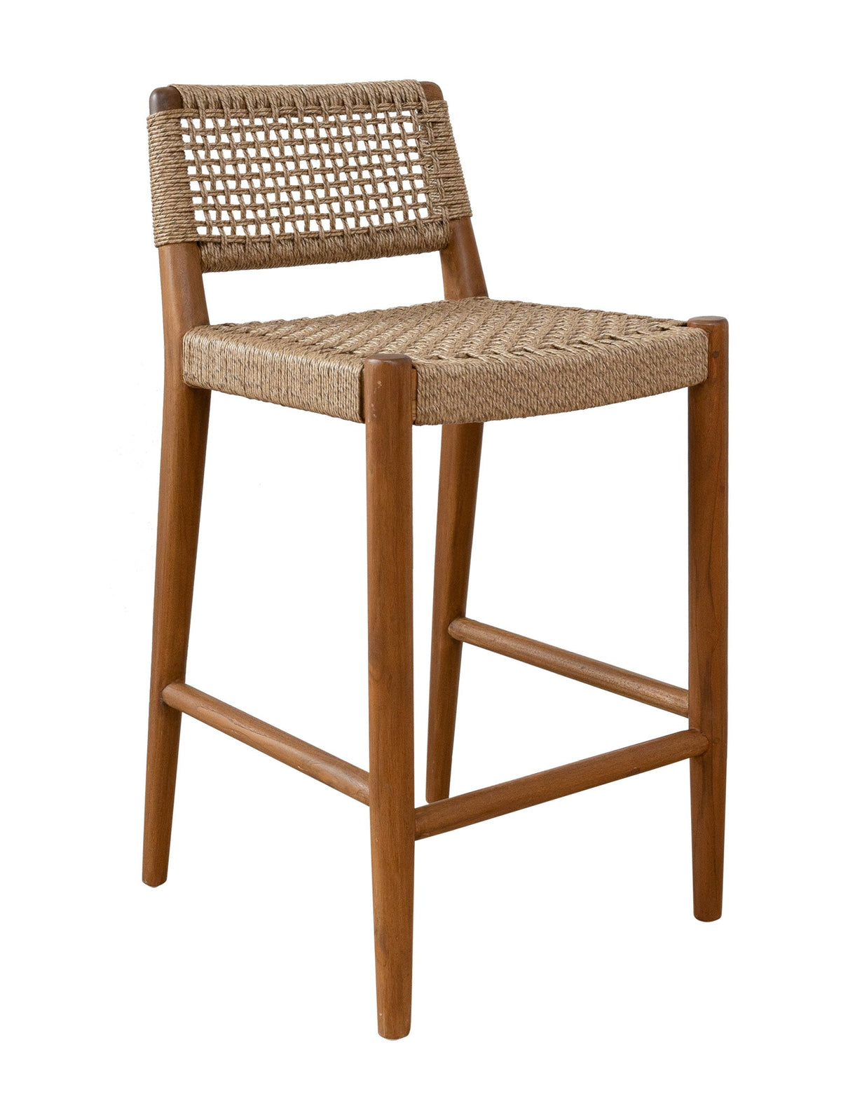 Wooden bar stool with woven seat and backrest 