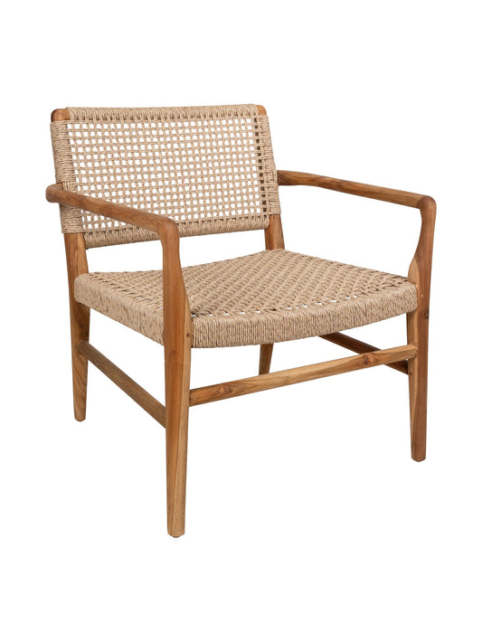 Goa Teak Occasional Chair in Pecan, teak armchair with woven natural rattan seat and open-weave back