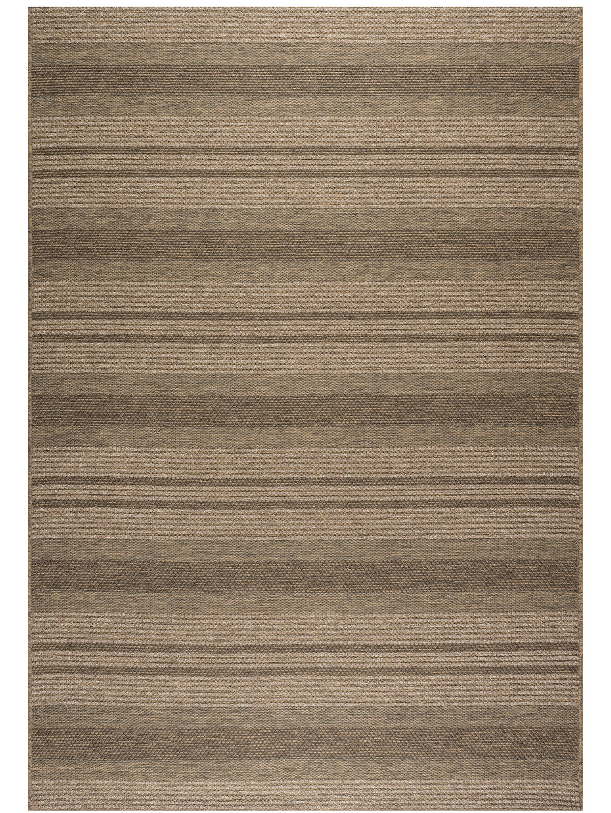 Striped brown rug with a subtle pattern that is fully outdoor