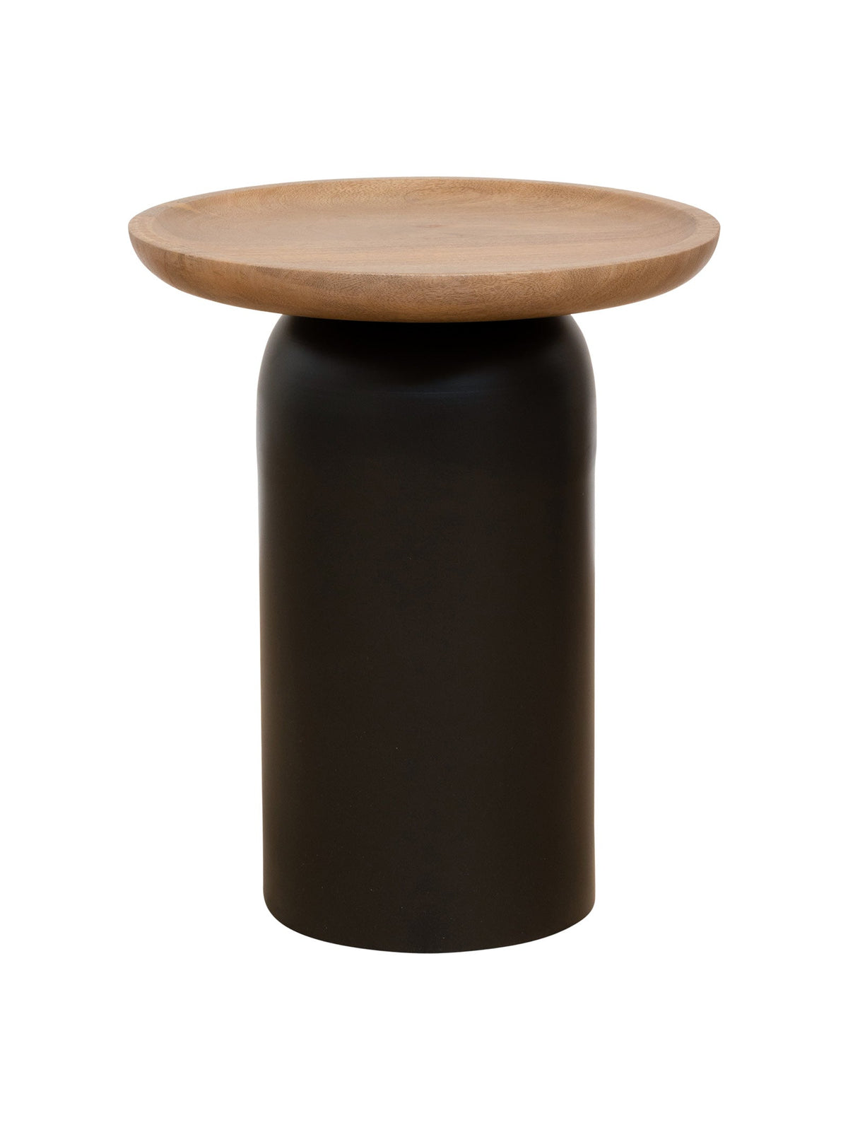Side table with wooden top and black cylindrical base 