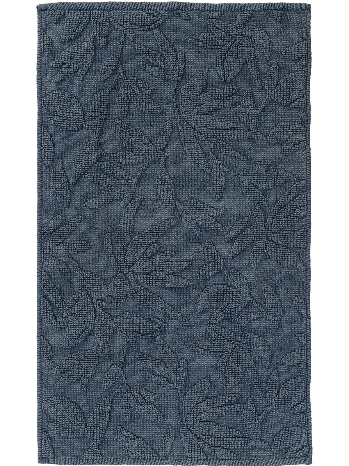 Textured navy-blue bathmat with leaf pattern 