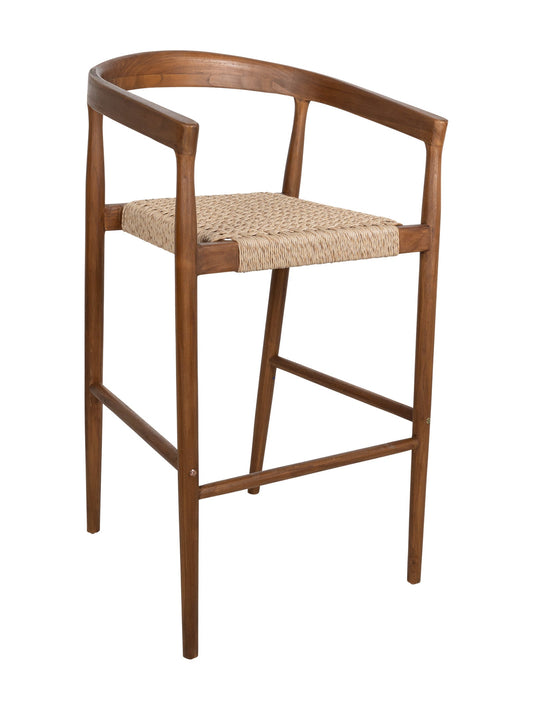 Kashmir Teak Bar Chair, teak bar-height chair with curved backrest and woven natural rattan seat