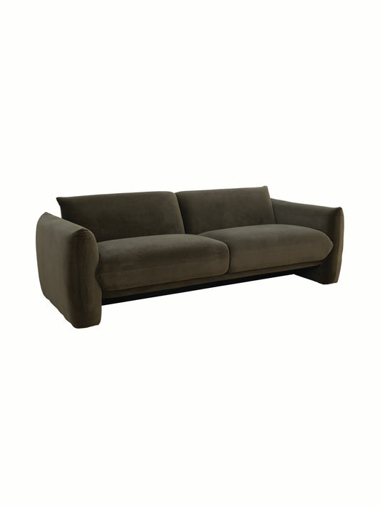 Olive green velvet-like upholstered 2 seater sofa
