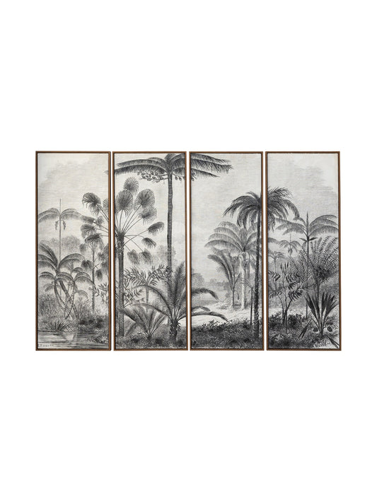 Madagascar Wall Art Set of 4 in Greyscale, four framed panels of monochrome tropical palms