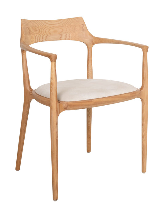 Maria Dining Chair in Macadamia, natural ash wood frame with curved back, armrests and cream seat