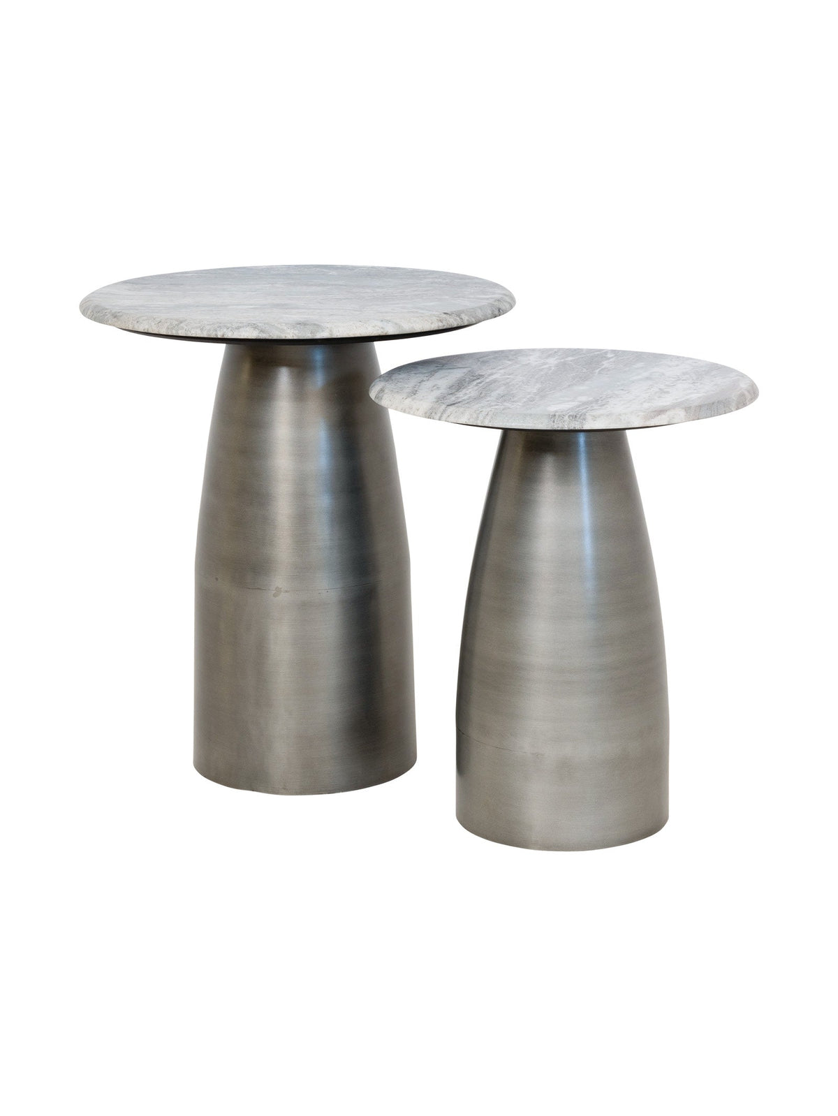 Two nesting side tables with round gray marble tops and tapered brushed metal bases