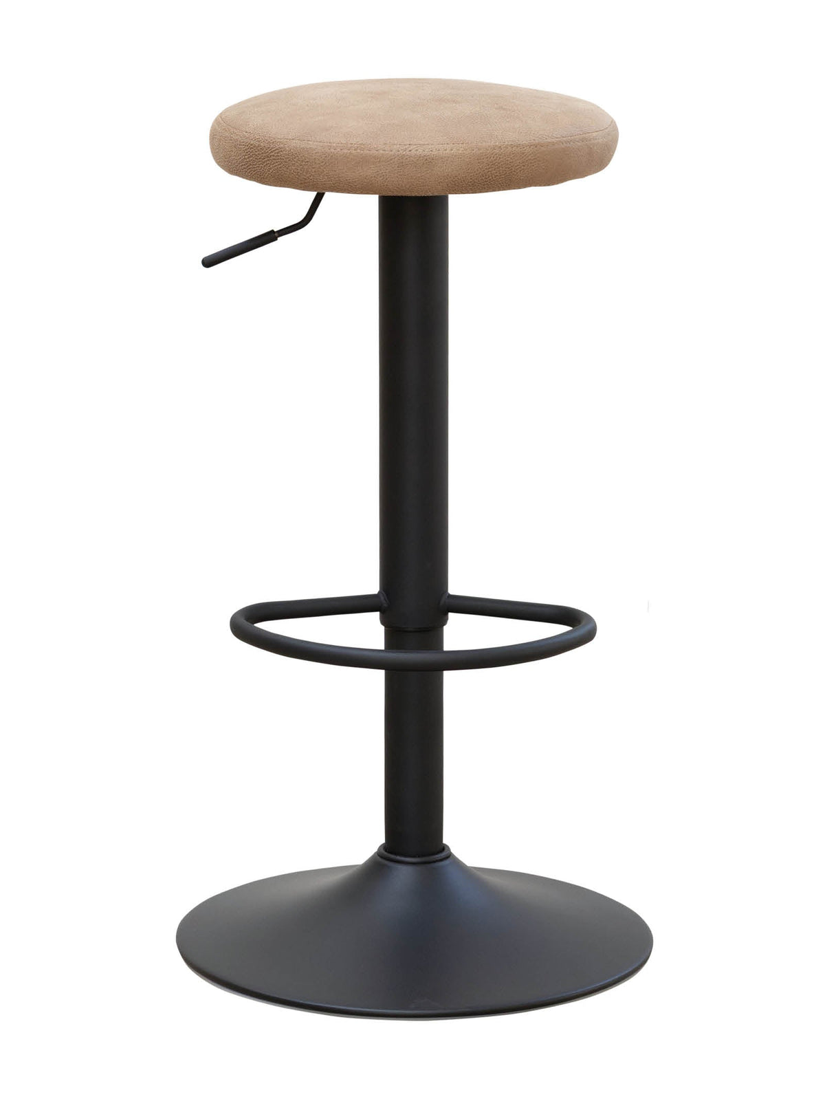 Bar stool with beige cushioned seat and black metal frame 