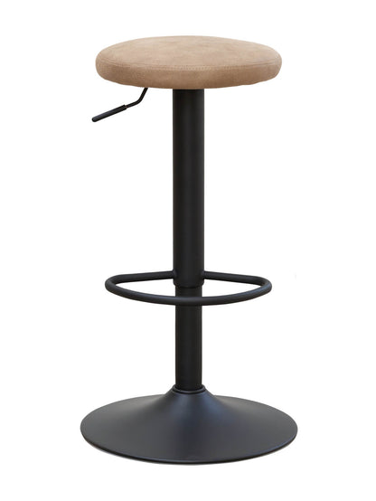 Bar stool with beige cushioned seat and black metal frame 