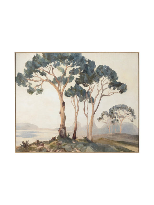 Natures Giants Wall Art in Forest, framed painting of tall trees above a lake and distant mountains