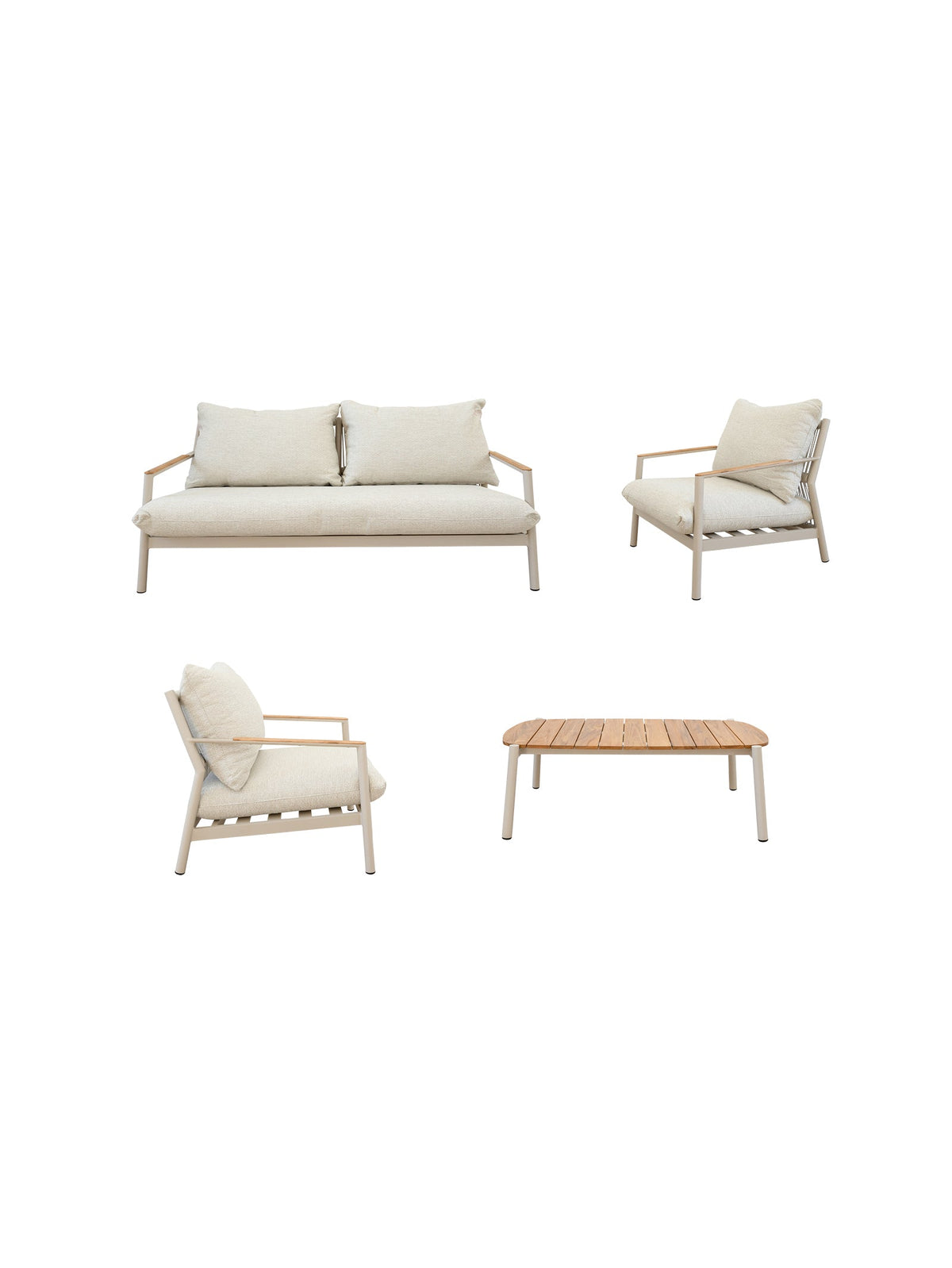 A set of outdoor furniture including a sofa, three-seater, two single seater chairs, and a coffee table made of teak wood with aluminium frame and UV-resistant rope, all in beige color.