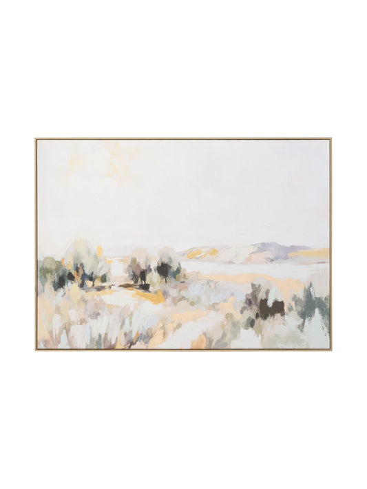 Pastel Vista Wall Art in Blush, framed pastel landscape of soft trees, hills and pale sky