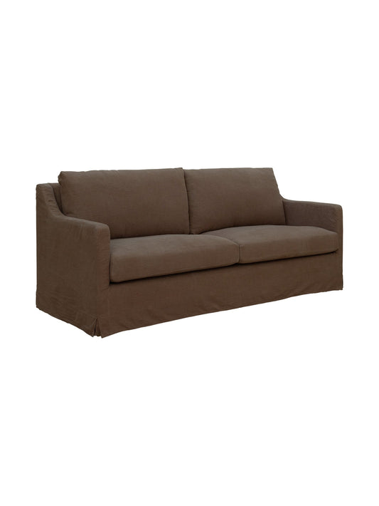 Porter Sofa 2-Seater in Demerara, a brown linen slipcovered two-seater sofa with plush cushions