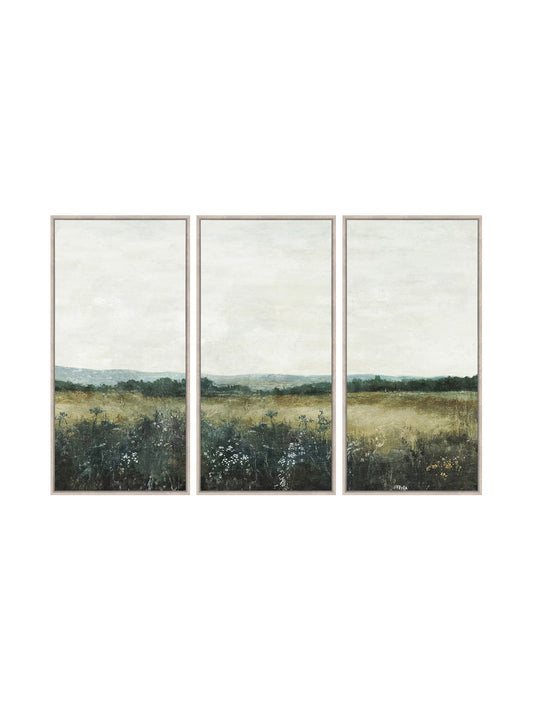 Triptych painting of a landscape with fields and trees on a white background