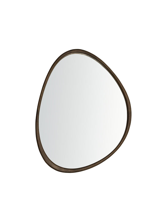 Serendipity Mirror Small, an organic pebble-shaped mirror with a dark brown rubberwood frame