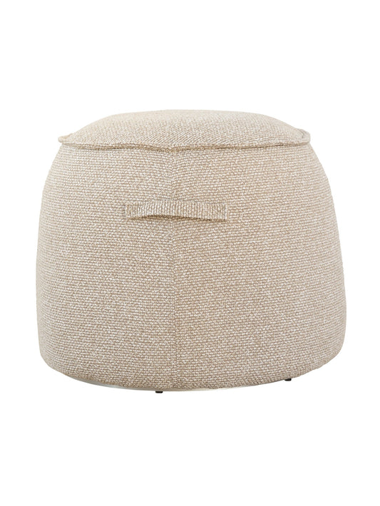 An upholstered swivel stool with a beige fabric cover and a visible cushioned top.