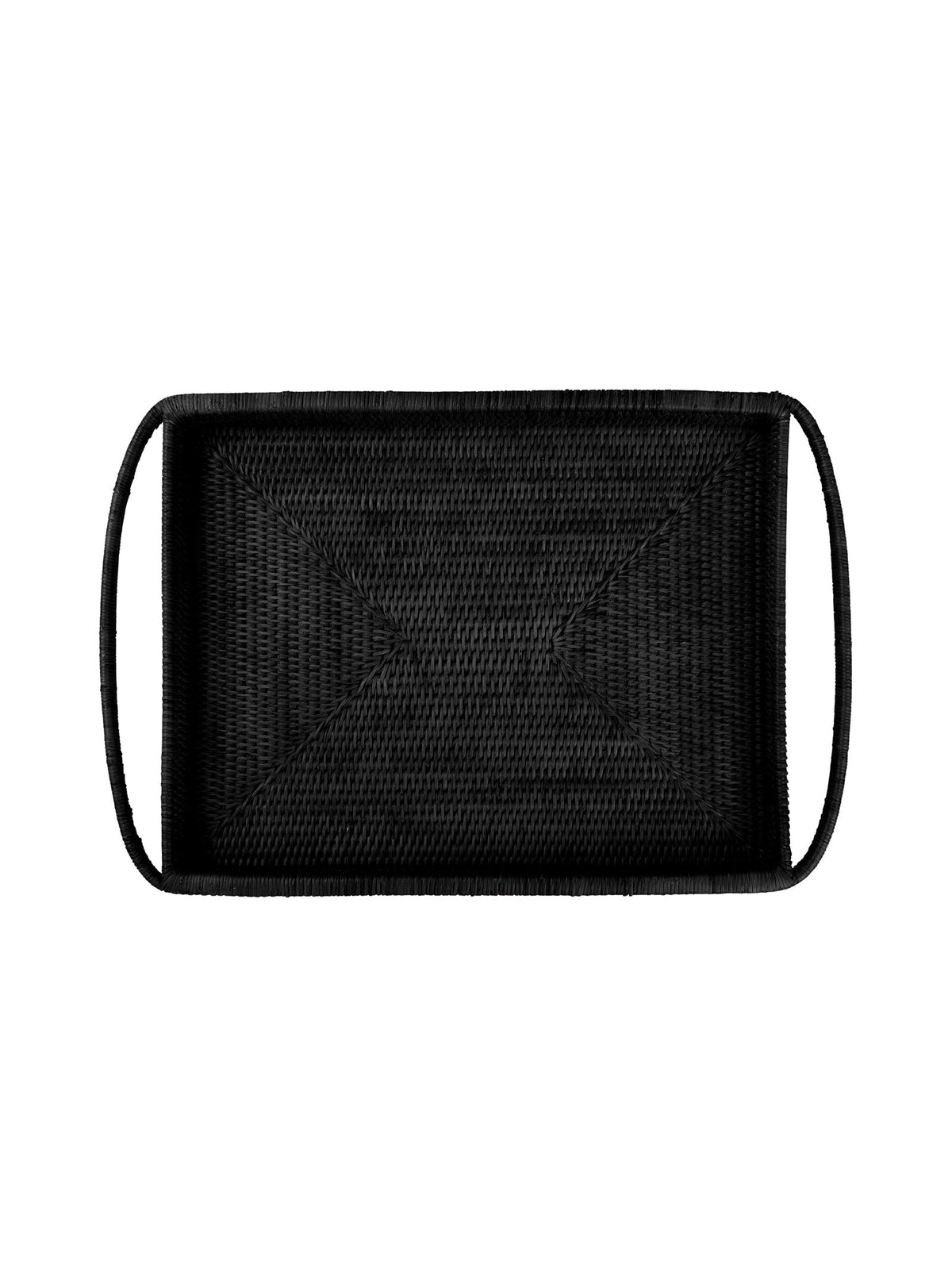 Black woven rectangular tray with handles